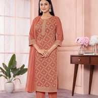 Laxmipati Viscose Rust Hand Printed Straight Cut Kurti, Pant With Dupatta