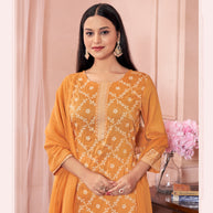 Laxmipati Viscose Bronze Orange Hand Printed Straight Cut Kurti, Pant With Dupatta