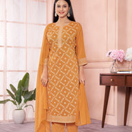 Laxmipati Viscose Bronze Orange Hand Printed Straight Cut Kurti, Pant With Dupatta