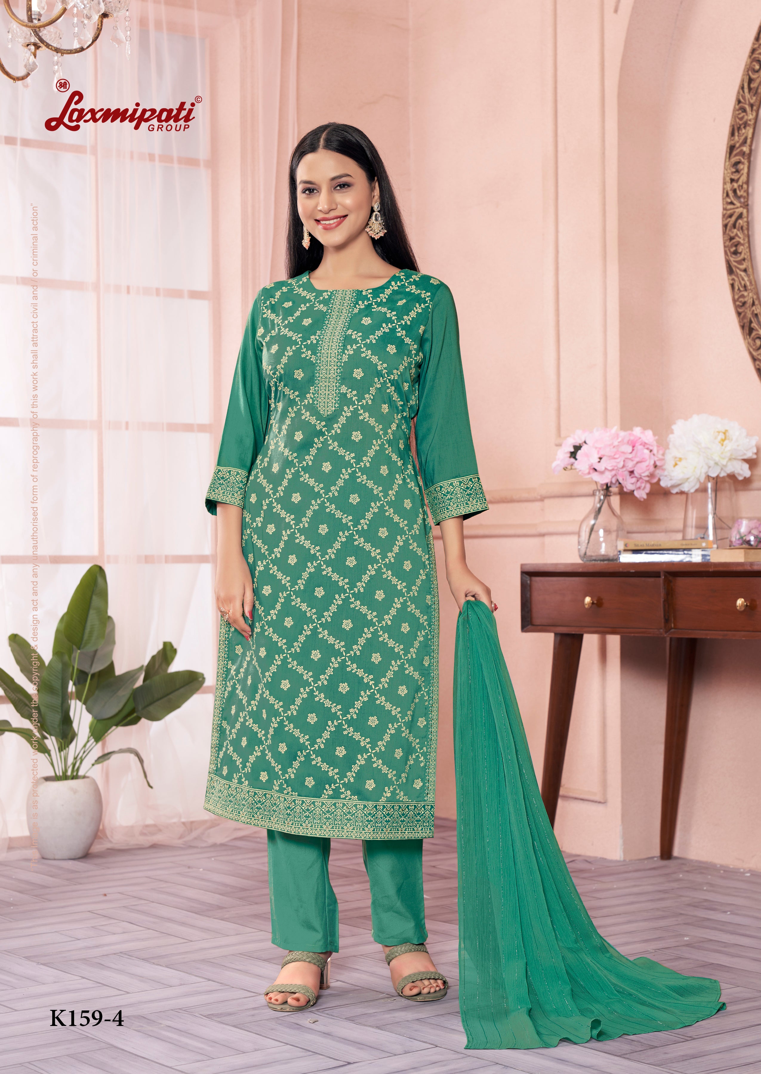 Laxmipati Viscose Parrot Green Hand Printed Straight Cut Kurti, Pant With Dupatta