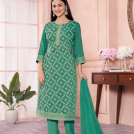 Laxmipati Viscose Parrot Green Hand Printed Straight Cut Kurti, Pant With Dupatta