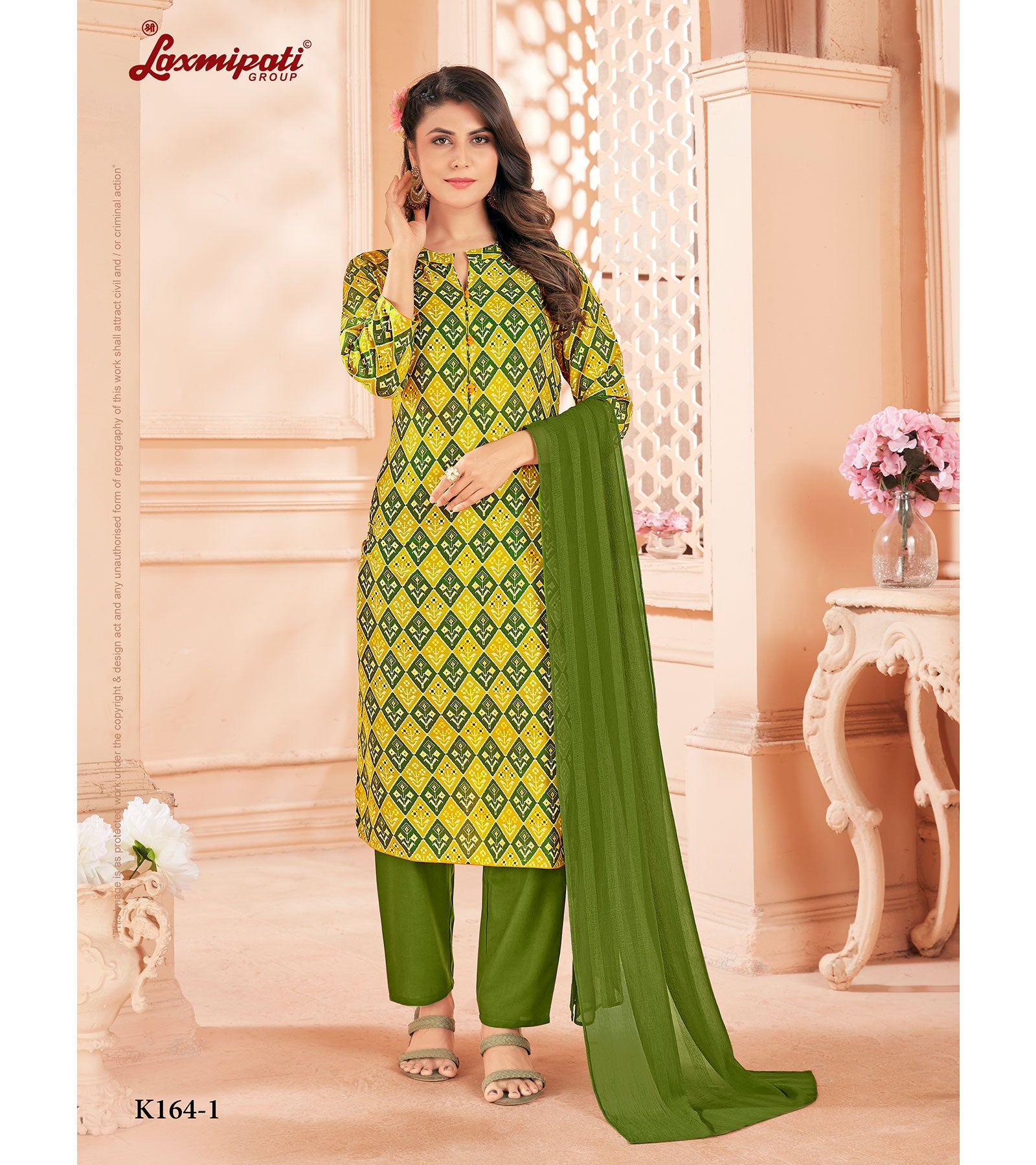 Laxmipati Spun Cotton Base Yellow & Green Printed Straight Cut Kurti With Pant & Dupatta