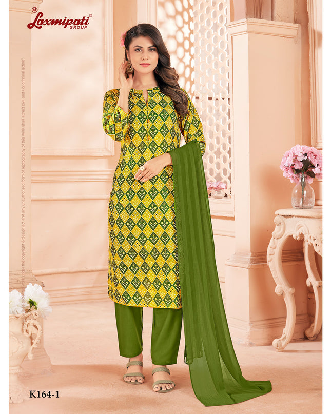Laxmipati Spun Cotton Base Yellow & Green Printed Straight Cut Kurti With Pant & Dupatta