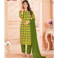 Laxmipati Spun Cotton Base Yellow & Green Printed Straight Cut Kurti With Pant & Dupatta