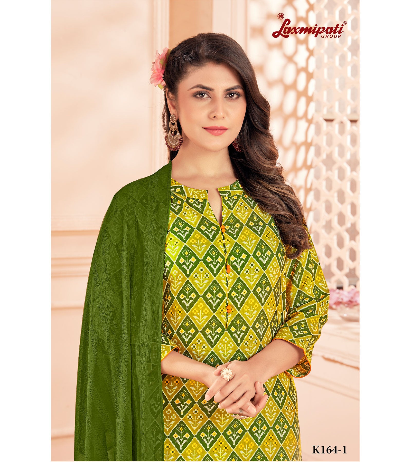 Laxmipati Spun Cotton Base Yellow & Green Printed Straight Cut Kurti With Pant & Dupatta