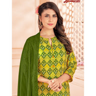 Laxmipati Spun Cotton Base Yellow & Green Printed Straight Cut Kurti With Pant & Dupatta