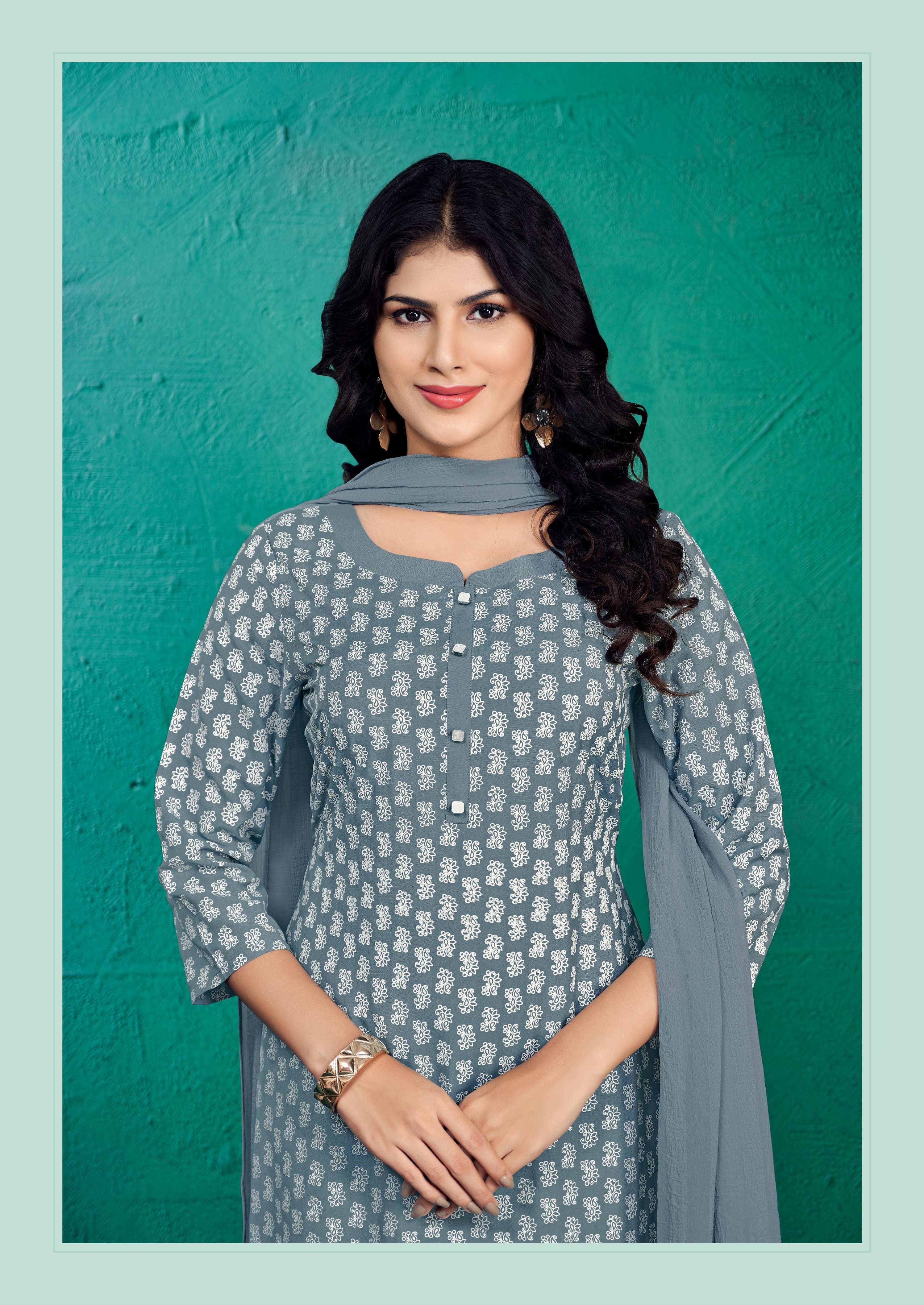 Laxmipati Kashish Floral Printed Straight Kurta Set with Trousers & Dupatta in Grey Color