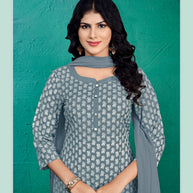 Laxmipati Kashish Floral Printed Straight Kurta Set with Trousers & Dupatta in Grey Color