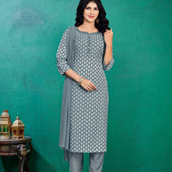Laxmipati Kashish Floral Printed Straight Kurta Set with Trousers & Dupatta in Grey Color