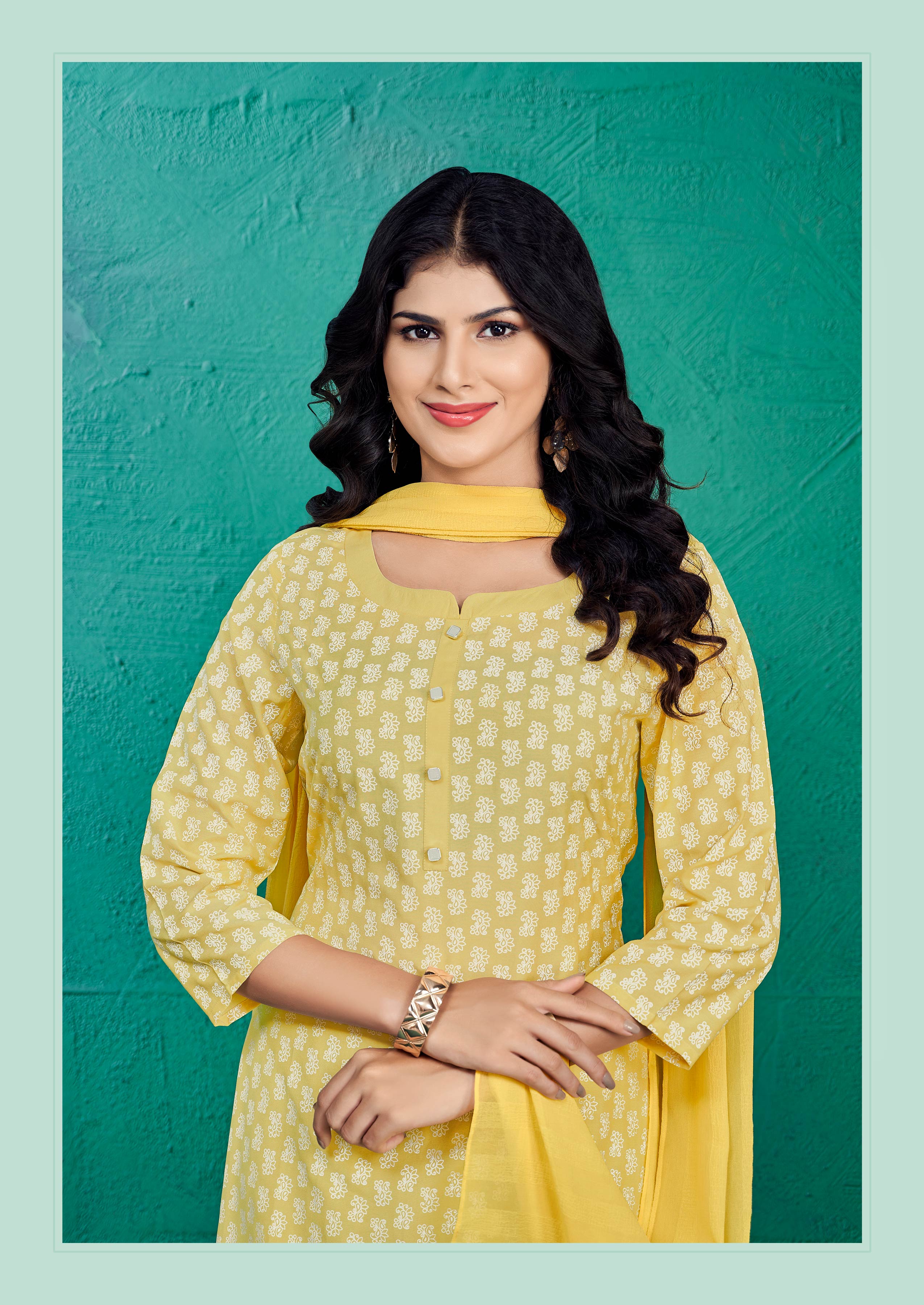 Laxmipati Kashish Floral Printed Straight Kurta Set with Trousers & Dupatta in Yellow Color