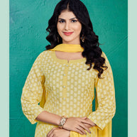 Laxmipati Kashish Floral Printed Straight Kurta Set with Trousers & Dupatta in Yellow Color