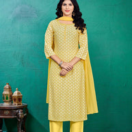 Laxmipati Kashish Floral Printed Straight Kurta Set with Trousers & Dupatta in Yellow Color