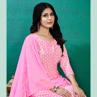Laxmipati Kashish Floral Printed Straight Kurta Set with Trousers & Dupatta in Pink Color