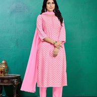 Laxmipati Kashish Floral Printed Straight Kurta Set with Trousers & Dupatta in Pink Color