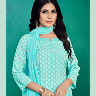 Laxmipati Kashish Floral Printed Straight Kurta Set with Trousers & Dupatta in Teal Color