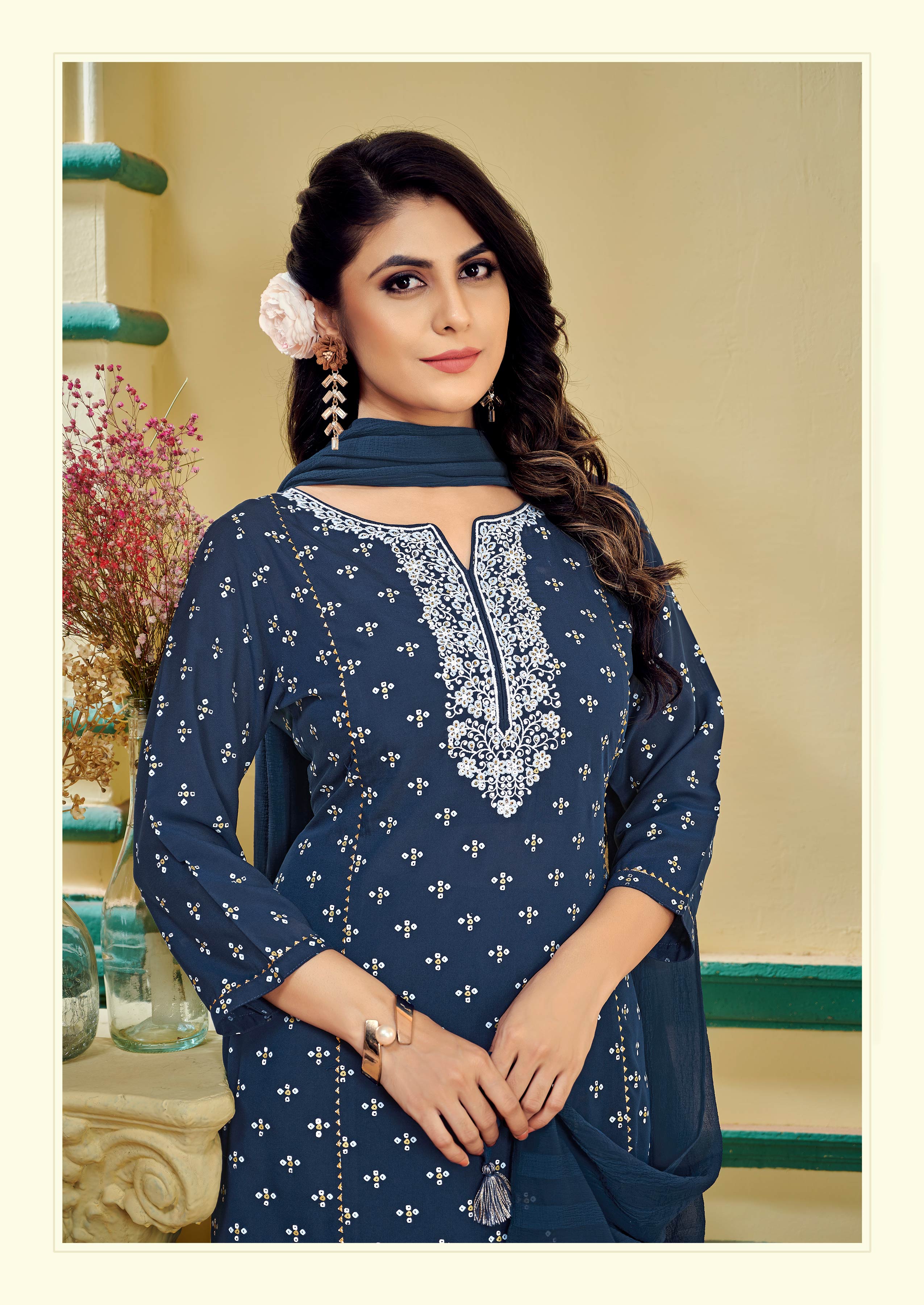 Navy Blue Embroidered Kurti Set with Pant and Dupatta Set - Manjari