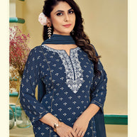 Navy Blue Embroidered Kurti Set with Pant and Dupatta Set - Manjari