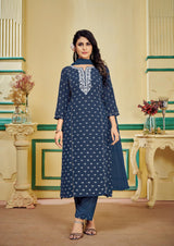 Navy Blue Embroidered Kurti Set with Pant and Dupatta Set - Manjari