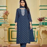 Navy Blue Embroidered Kurti Set with Pant and Dupatta Set - Manjari