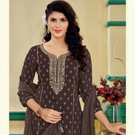 Brown Embroidered Kurti Set with Pant and Dupatta Set - Manjari
