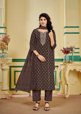 Brown Embroidered Kurti Set with Pant and Dupatta Set - Manjari