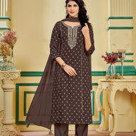Brown Embroidered Kurti Set with Pant and Dupatta Set - Manjari