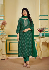 Green Embroidered Kurti Set with Pant and Dupatta Set - Manjari