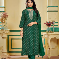 Green Embroidered Kurti Set with Pant and Dupatta Set - Manjari