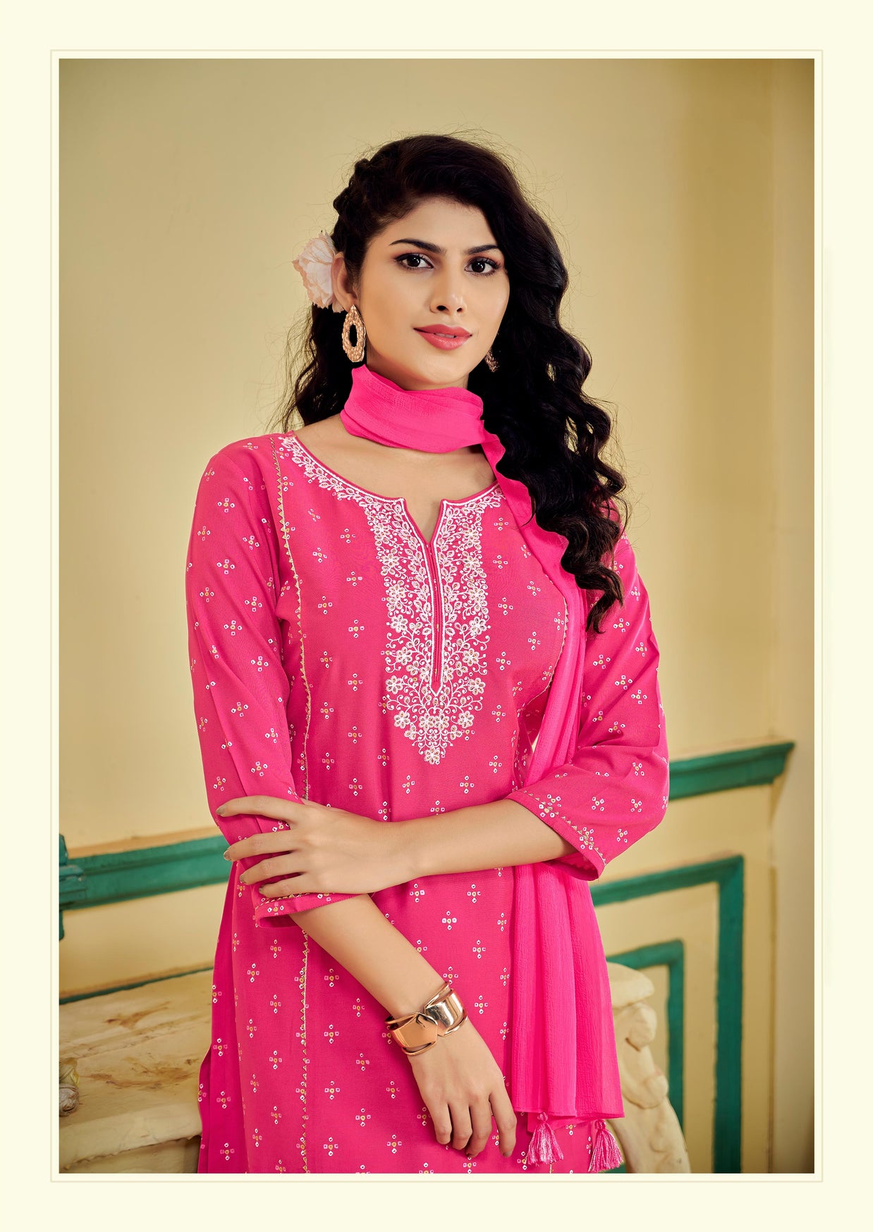 Pink Enbroidered Kurti Set with Pant and Dupatta Set - Manjari