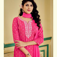 Pink Enbroidered Kurti Set with Pant and Dupatta Set - Manjari