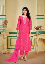 Pink Enbroidered Kurti Set with Pant and Dupatta Set - Manjari