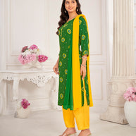 Green Muslin Printed Straight Kurta with Pant and Dupatta Set - Bandhani
