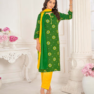 Green Muslin Printed Straight Kurta with Pant and Dupatta Set - Bandhani