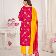 Pink Muslin Printed Straight Kurta with Pant and Dupatta Set - Bandhani