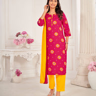 Pink Muslin Printed Straight Kurta with Pant and Dupatta Set - Bandhani