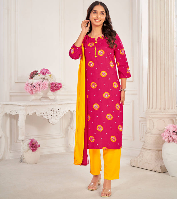 Pink Muslin Printed Straight Kurta with Pant and Dupatta Set - Bandhani