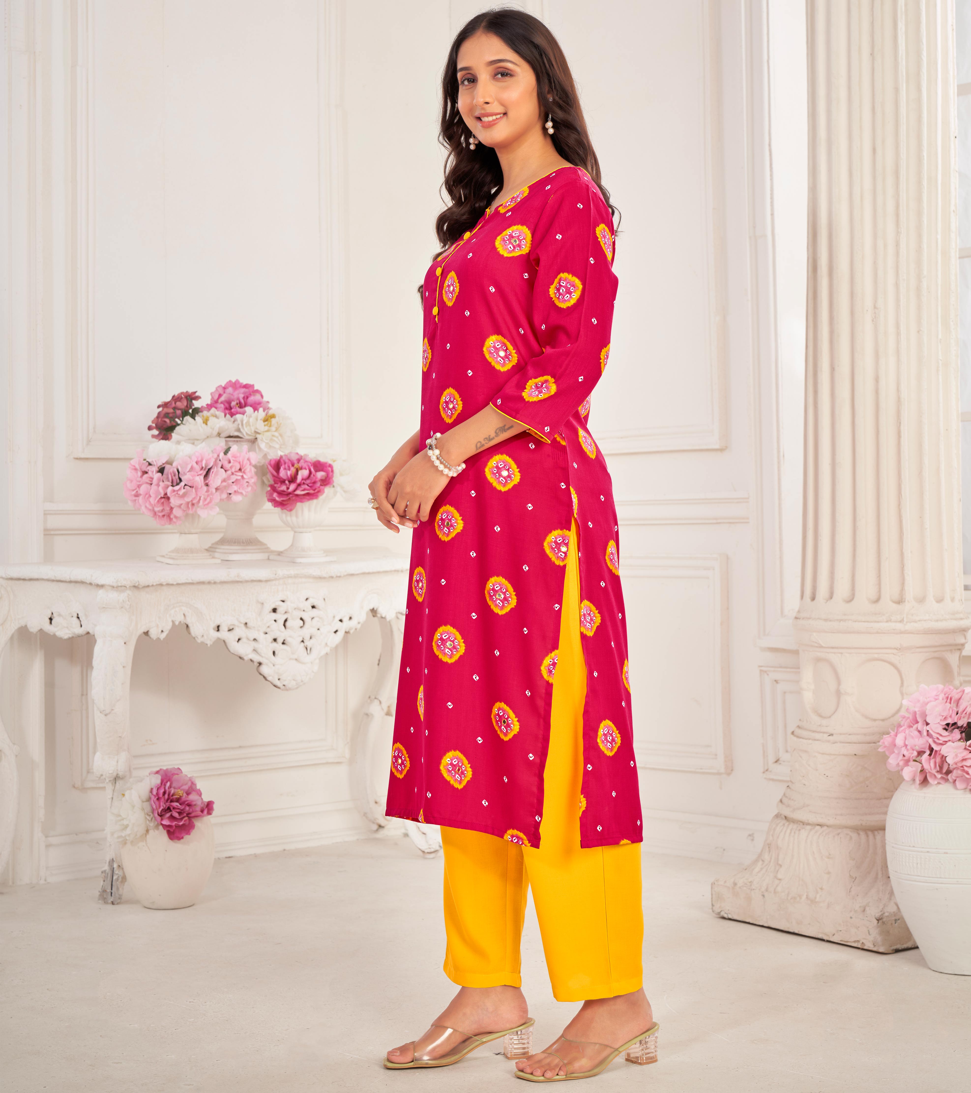Pink Muslin Printed Straight Kurta with Pant and Dupatta Set - Bandhani
