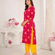 Pink Muslin Printed Straight Kurta with Pant and Dupatta Set - Bandhani
