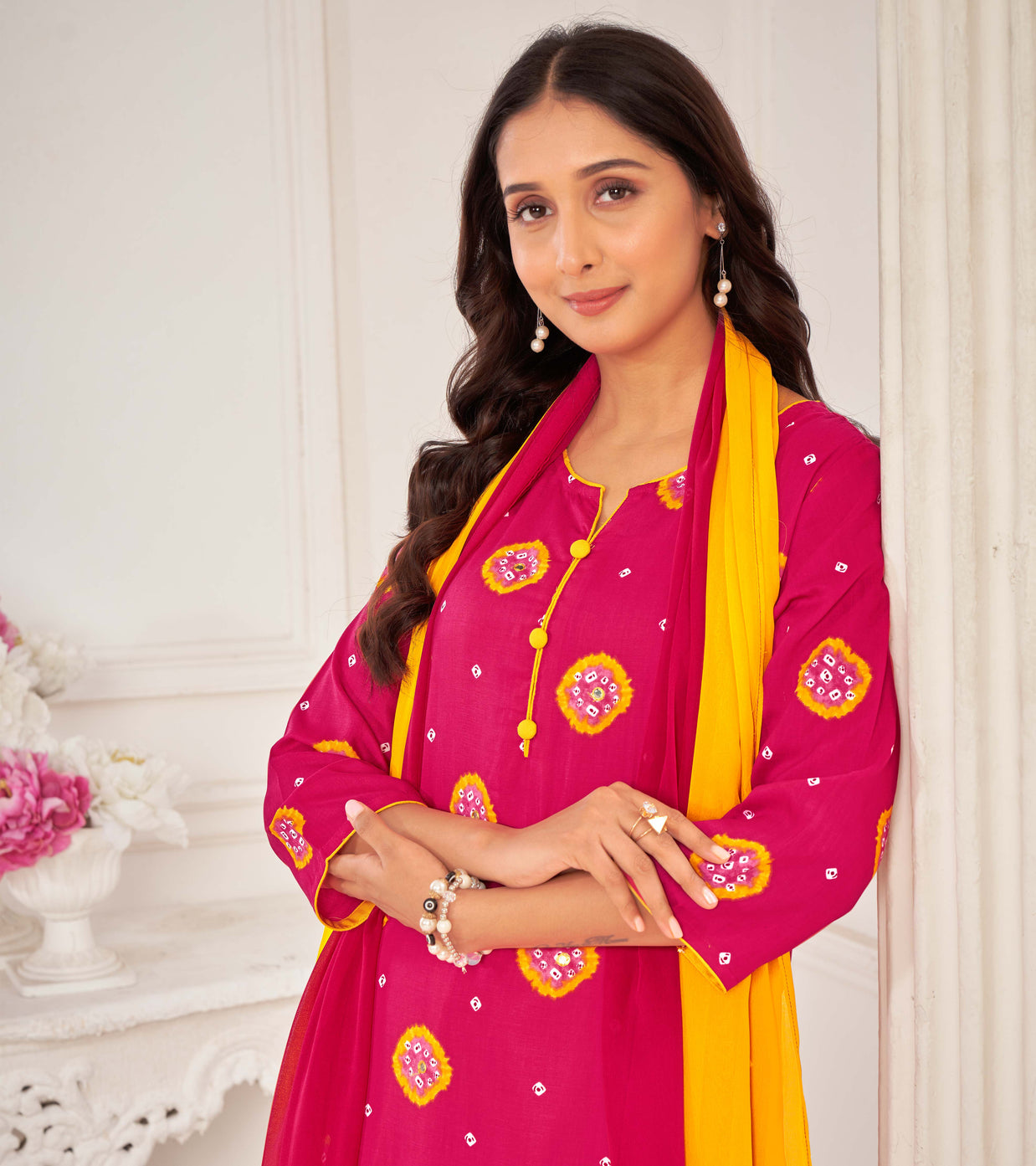 Pink Muslin Printed Straight Kurta with Pant and Dupatta Set - Bandhani