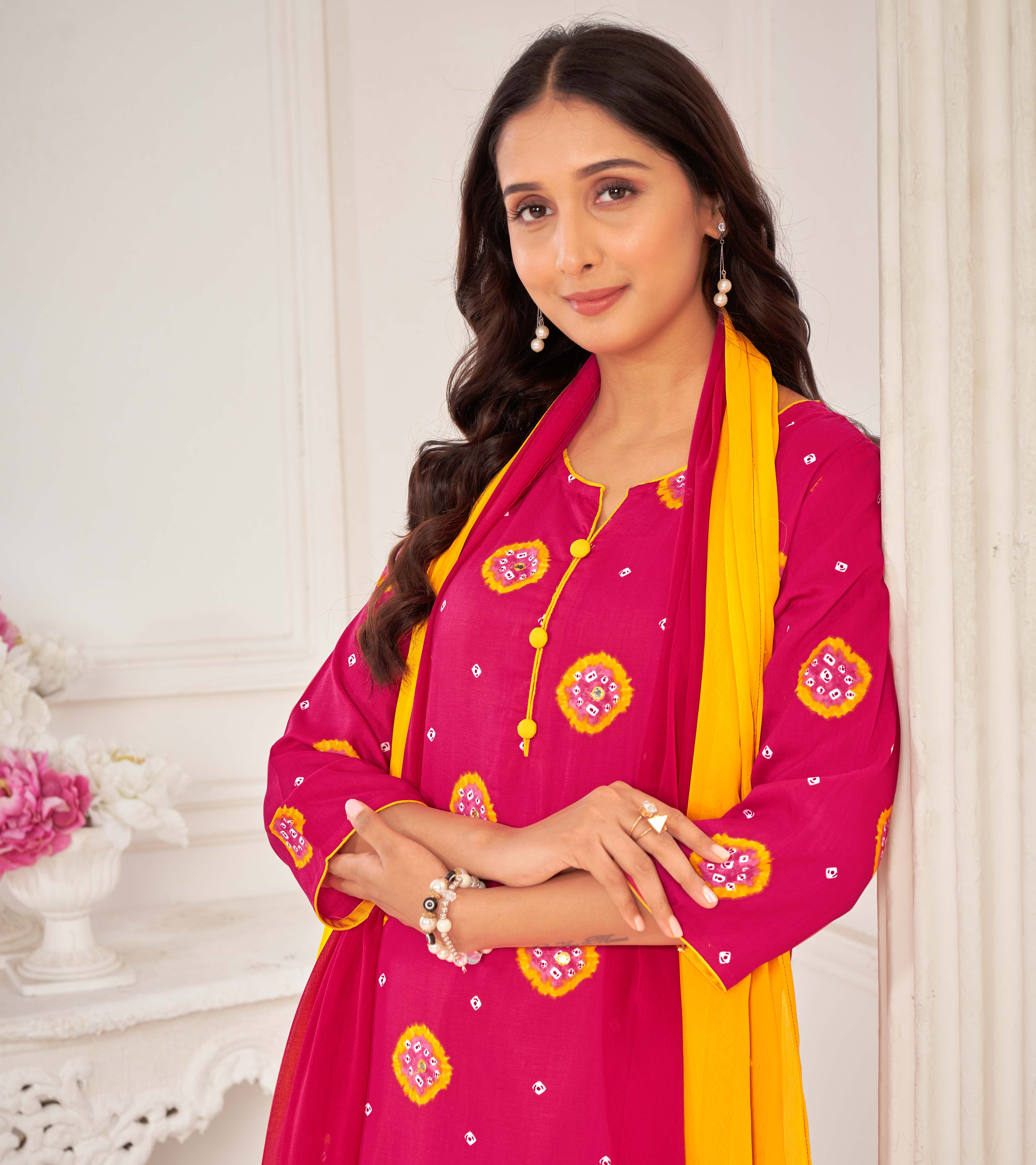 Pink Muslin Printed Straight Kurta with Pant and Dupatta Set - Bandhani