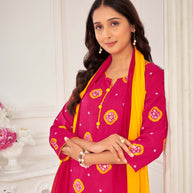 Pink Muslin Printed Straight Kurta with Pant and Dupatta Set - Bandhani