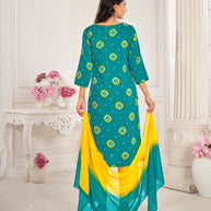 Teal Blue Muslin Printed Straight Kurta with Pant and Dupatta Set - Bandhani