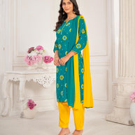 Teal Blue Muslin Printed Straight Kurta with Pant and Dupatta Set - Bandhani