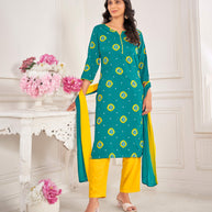 Teal Blue Muslin Printed Straight Kurta with Pant and Dupatta Set - Bandhani