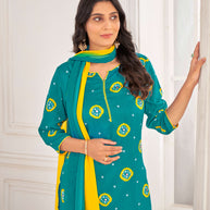 Teal Blue Muslin Printed Straight Kurta with Pant and Dupatta Set - Bandhani