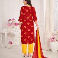 Red Muslin Printed Straight Kurta with Pant and Dupatta Set - Bandhani