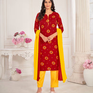 Red Muslin Printed Straight Kurta with Pant and Dupatta Set - Bandhani