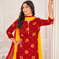 Red Muslin Printed Straight Kurta with Pant and Dupatta Set - Bandhani