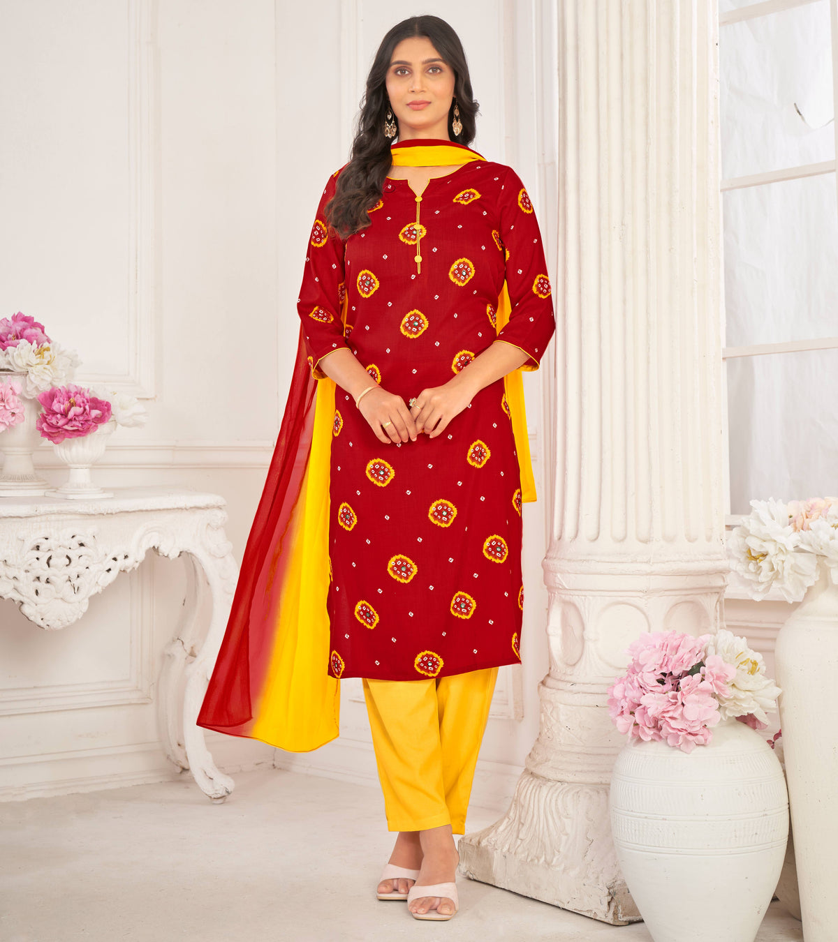 Red Muslin Printed Straight Kurta with Pant and Dupatta Set - Bandhani