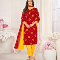 Red Muslin Printed Straight Kurta with Pant and Dupatta Set - Bandhani